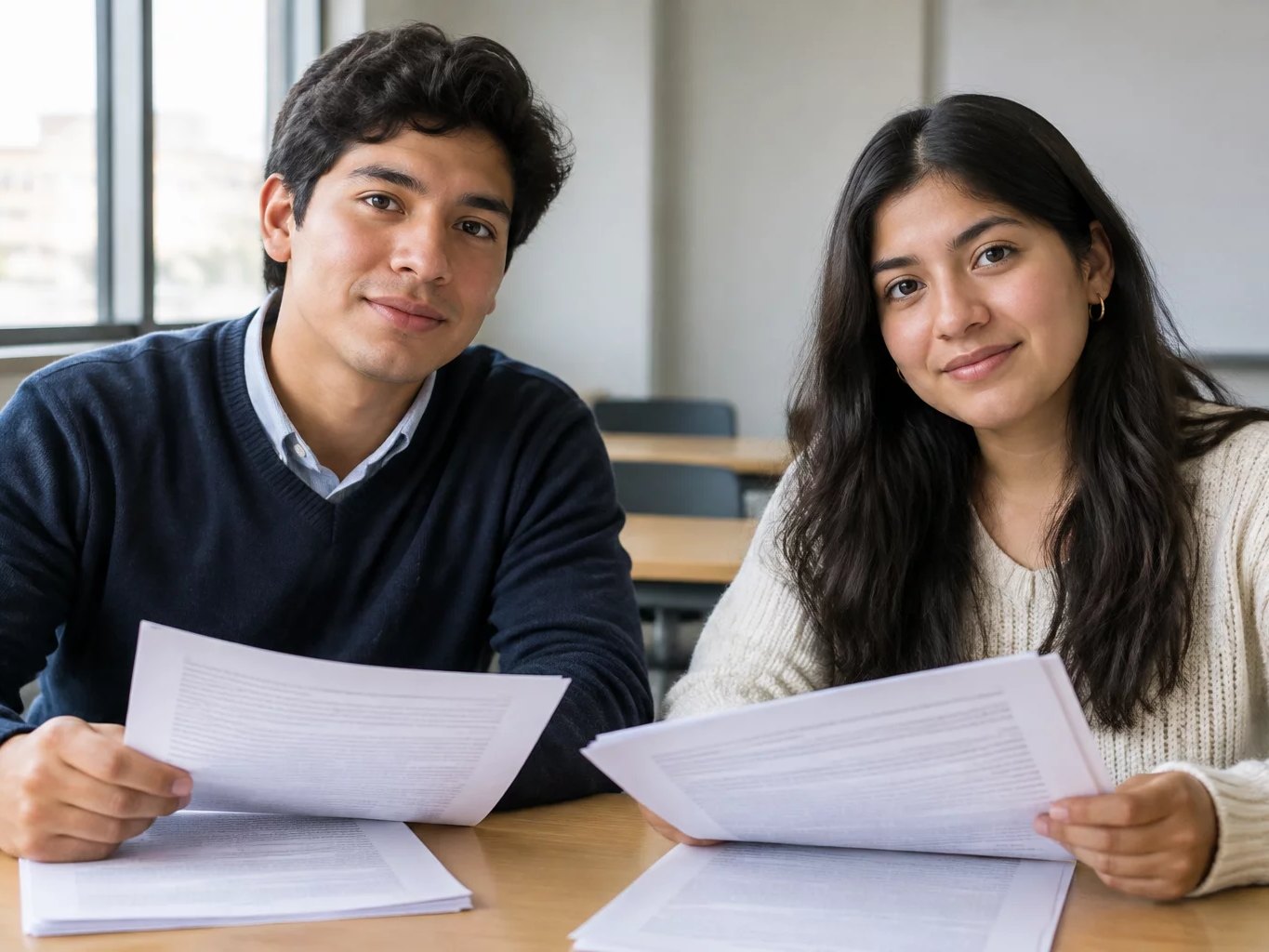 Dos asistentes leyendo juntos las hojas del caso